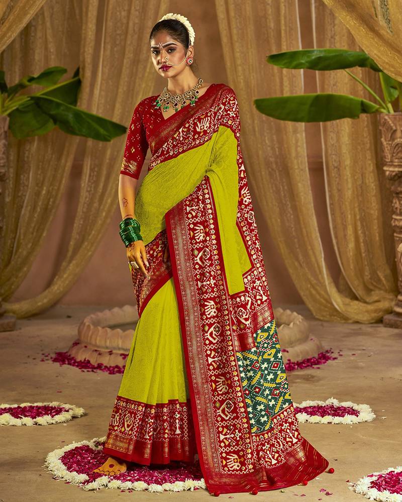 Musterd Yellow Embroidery Chikankari Patola Handloom Saree with Contrass Blouse