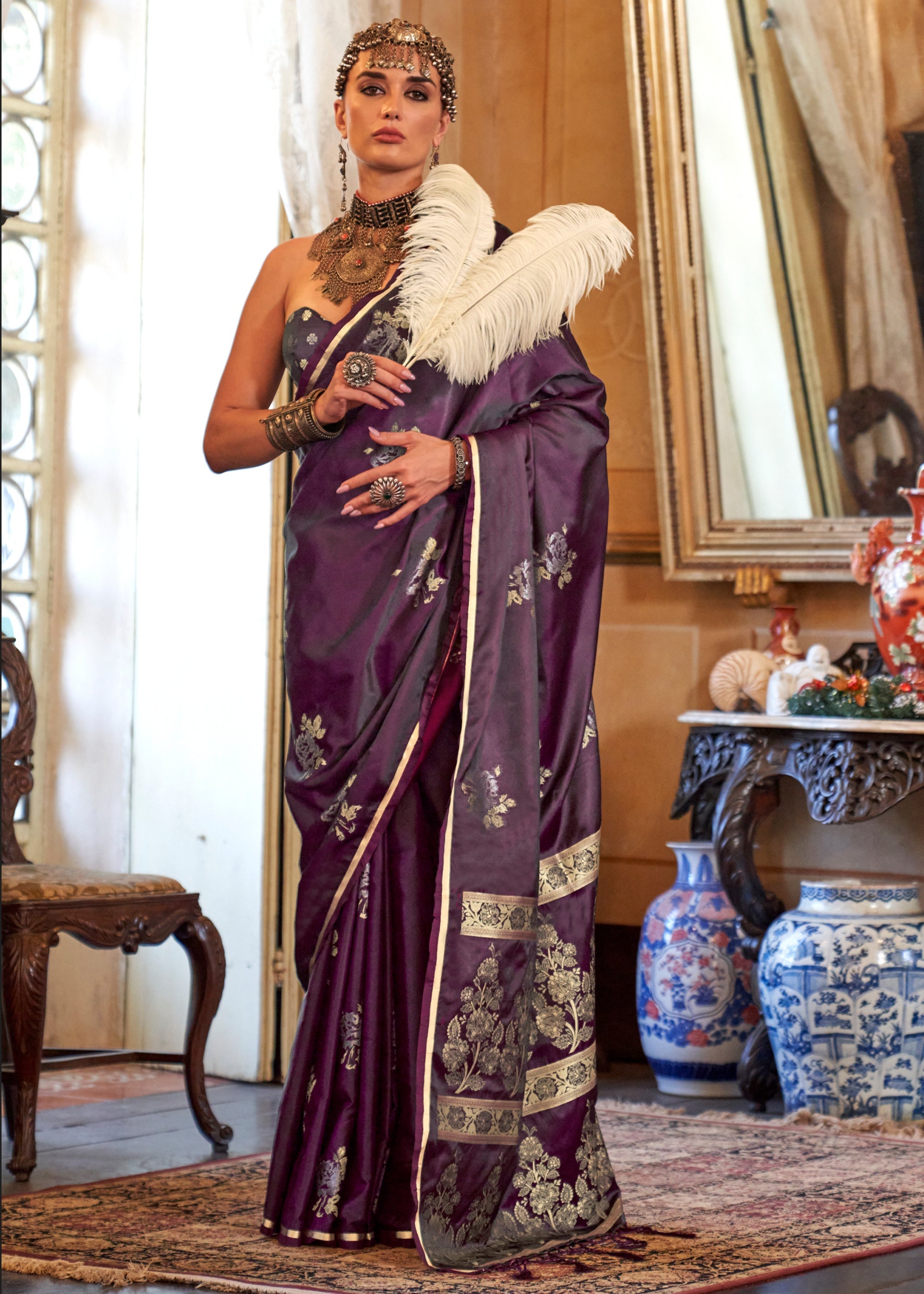 Dark Wine Banarasi Satin Soft Silk Saree