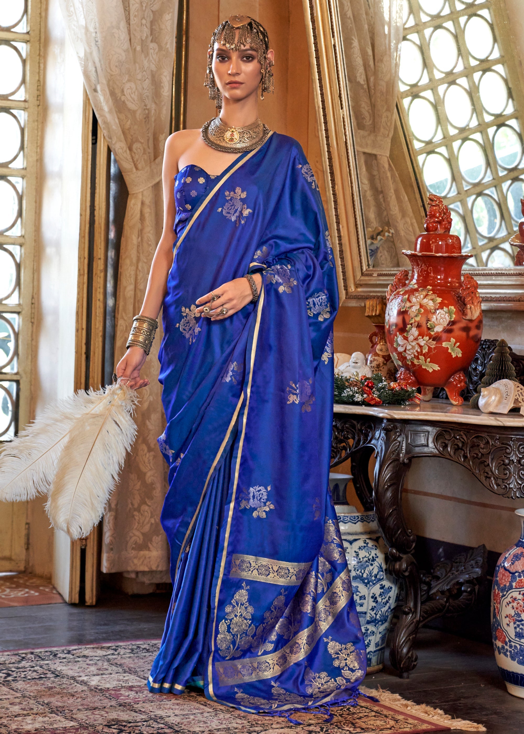 Nautical Blue Banarasi Satin Soft Silk Saree