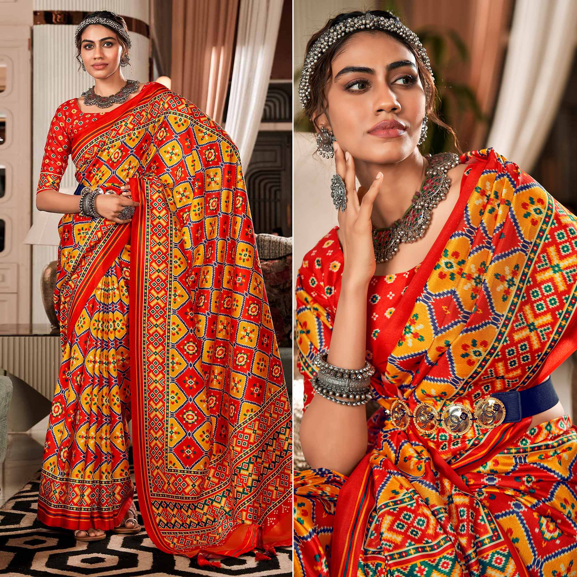 Red And Yellow Tussar Patola Silk Saree