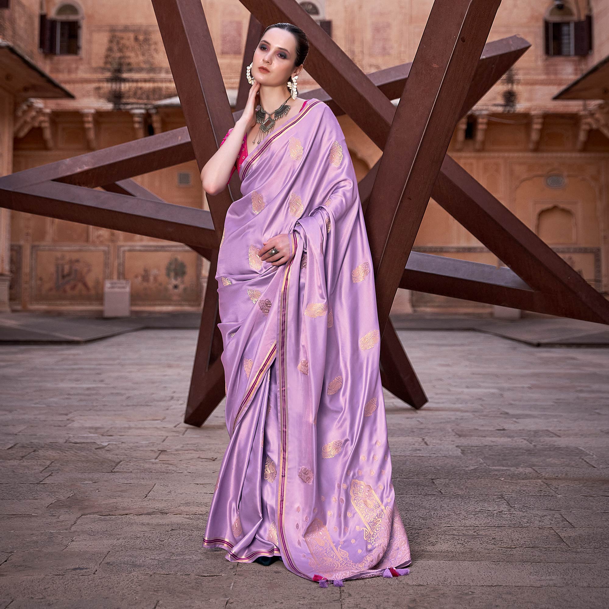 Purple Satin Silk Saree With Tassels