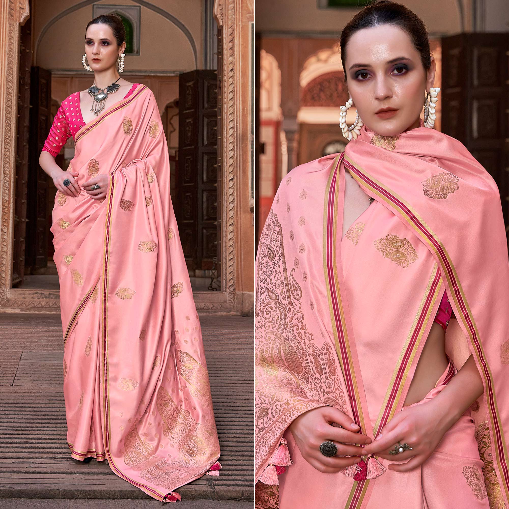 Pink Satin Silk Saree With Tassels