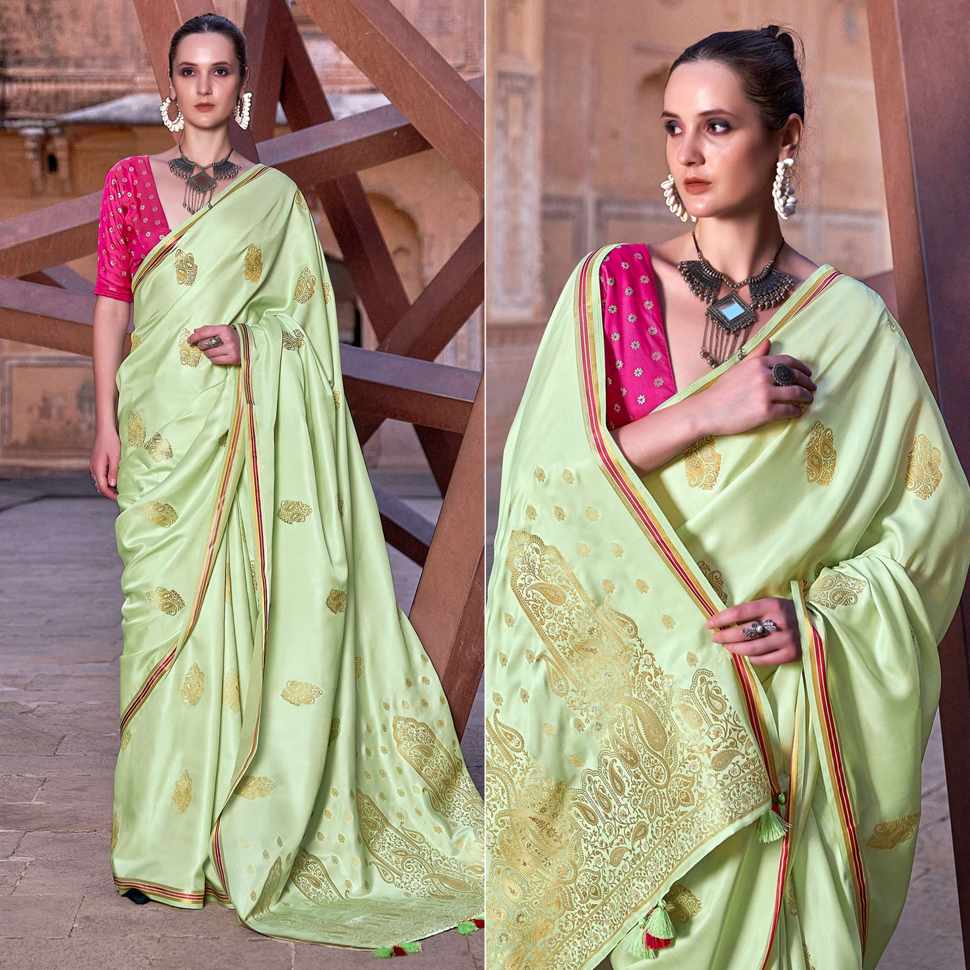 Green Satin Silk Saree With Tassels