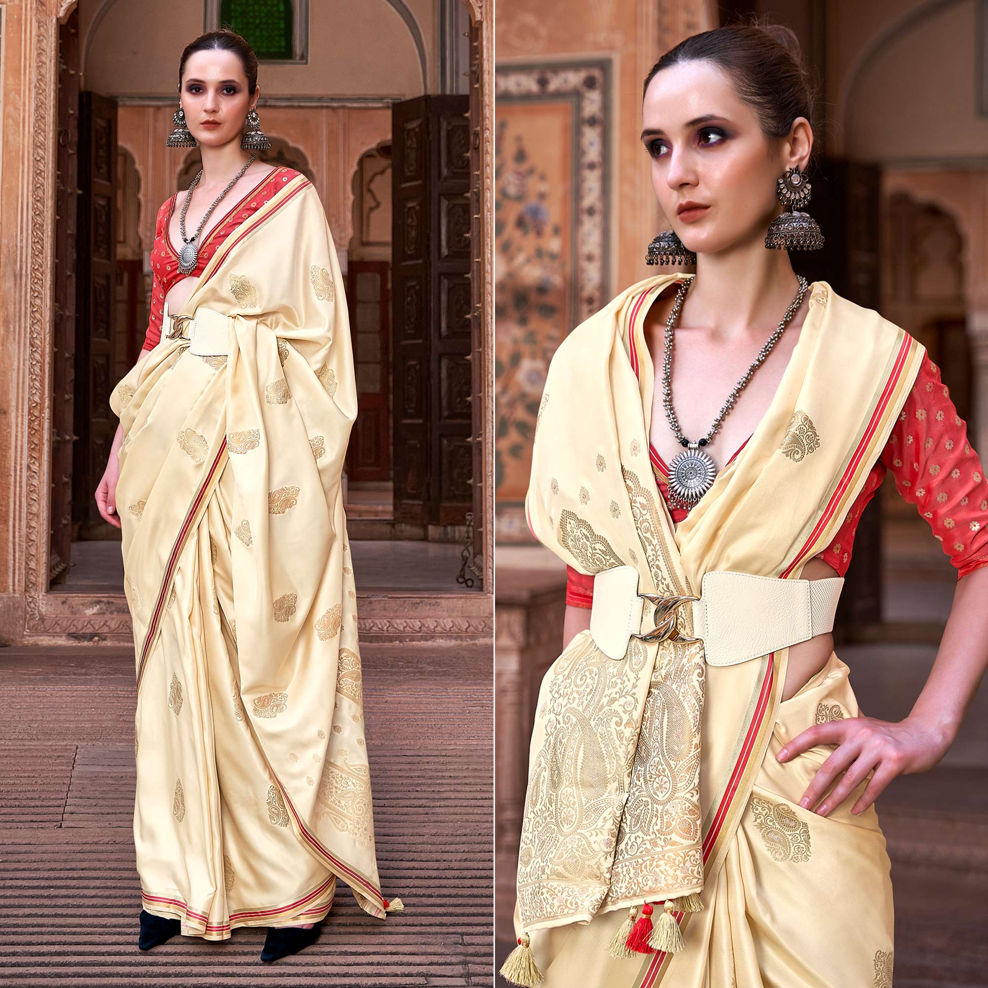 Cream Satin Silk Saree With Tassels