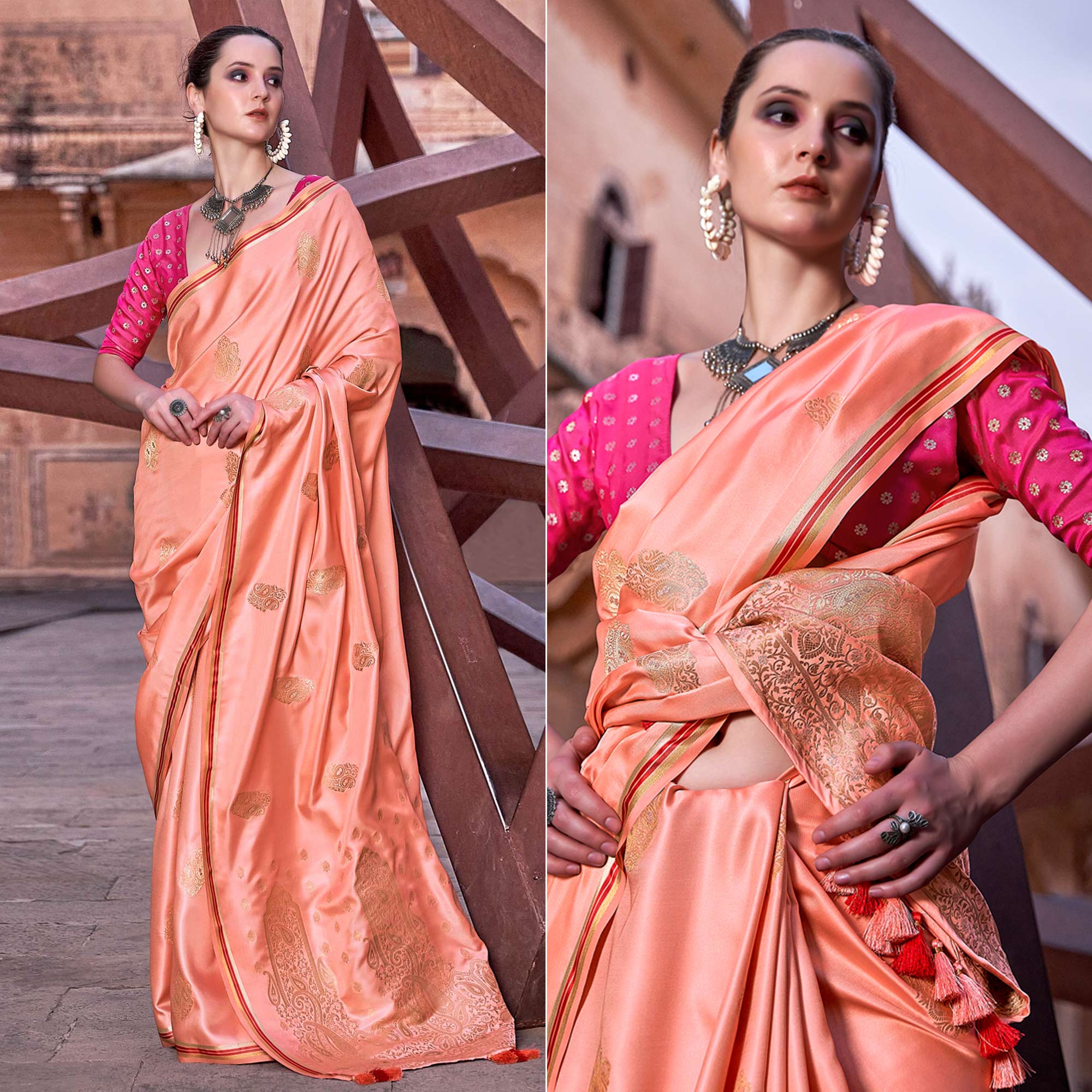 Peach Satin Silk Saree With Tassels