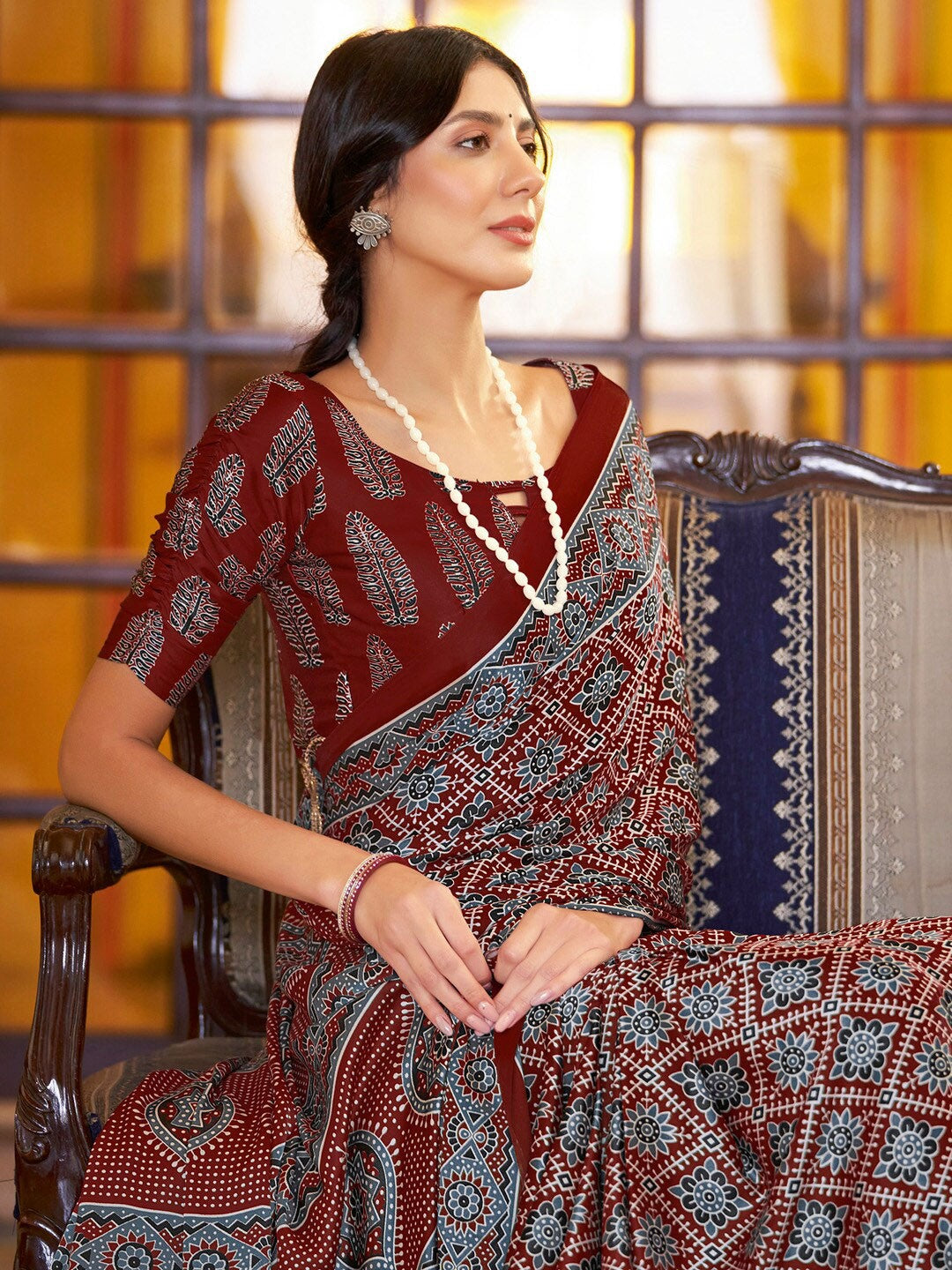 Maroon New Ajrakh Printed Satin Crepe Saree