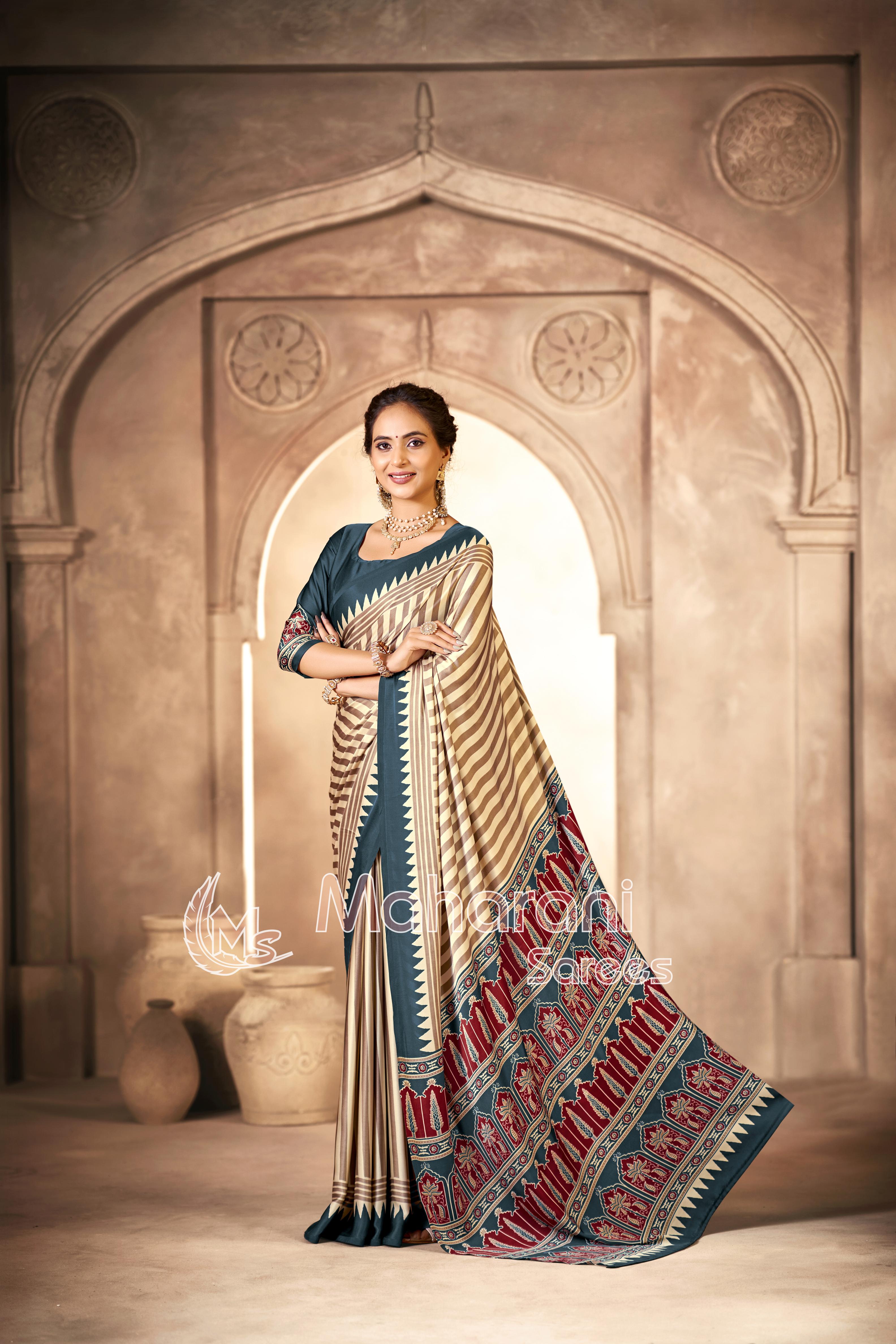 Cream With Grey Border Ajrakh Hand-Printed Modal Silk Saree