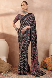 Black Cat Premium Modal Ajrakh Satin Saree With Artistic Buti & Mirror Work