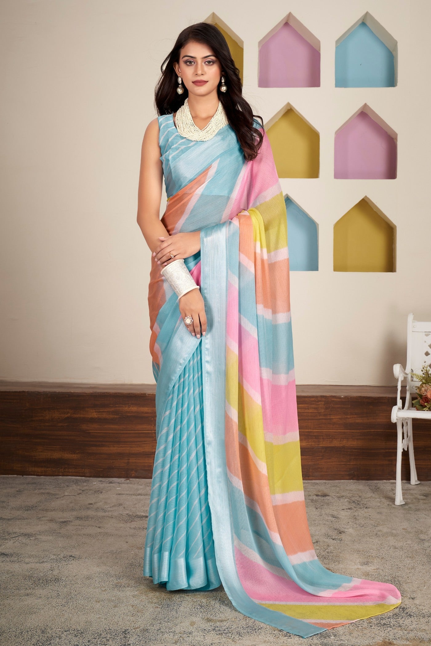 New Vibrant Leheriya Ethnic Party Wear Saree with Matching Blouse 1002