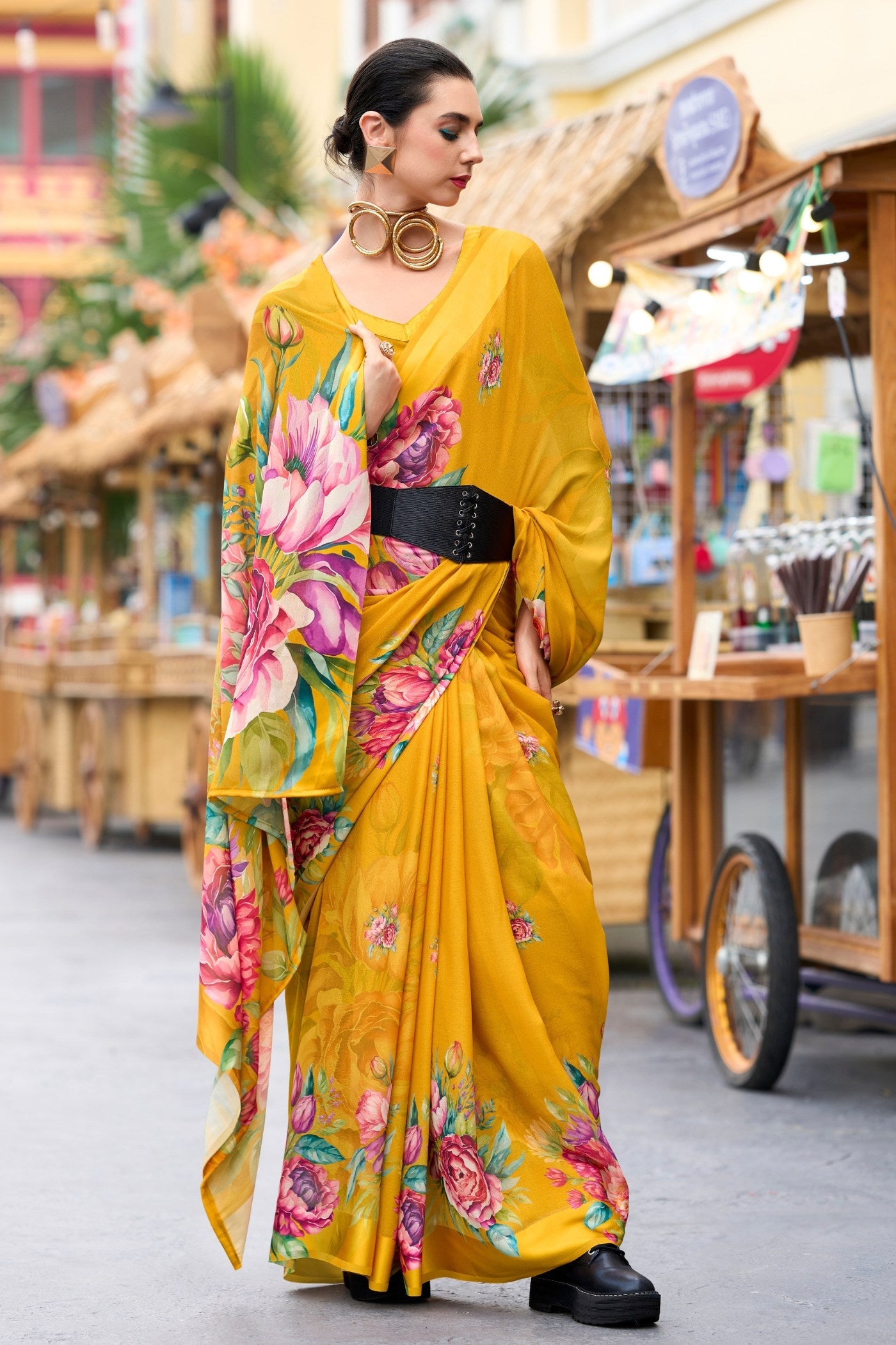Poppy Yellow Pure Georgette Floral Printed Trending Saree