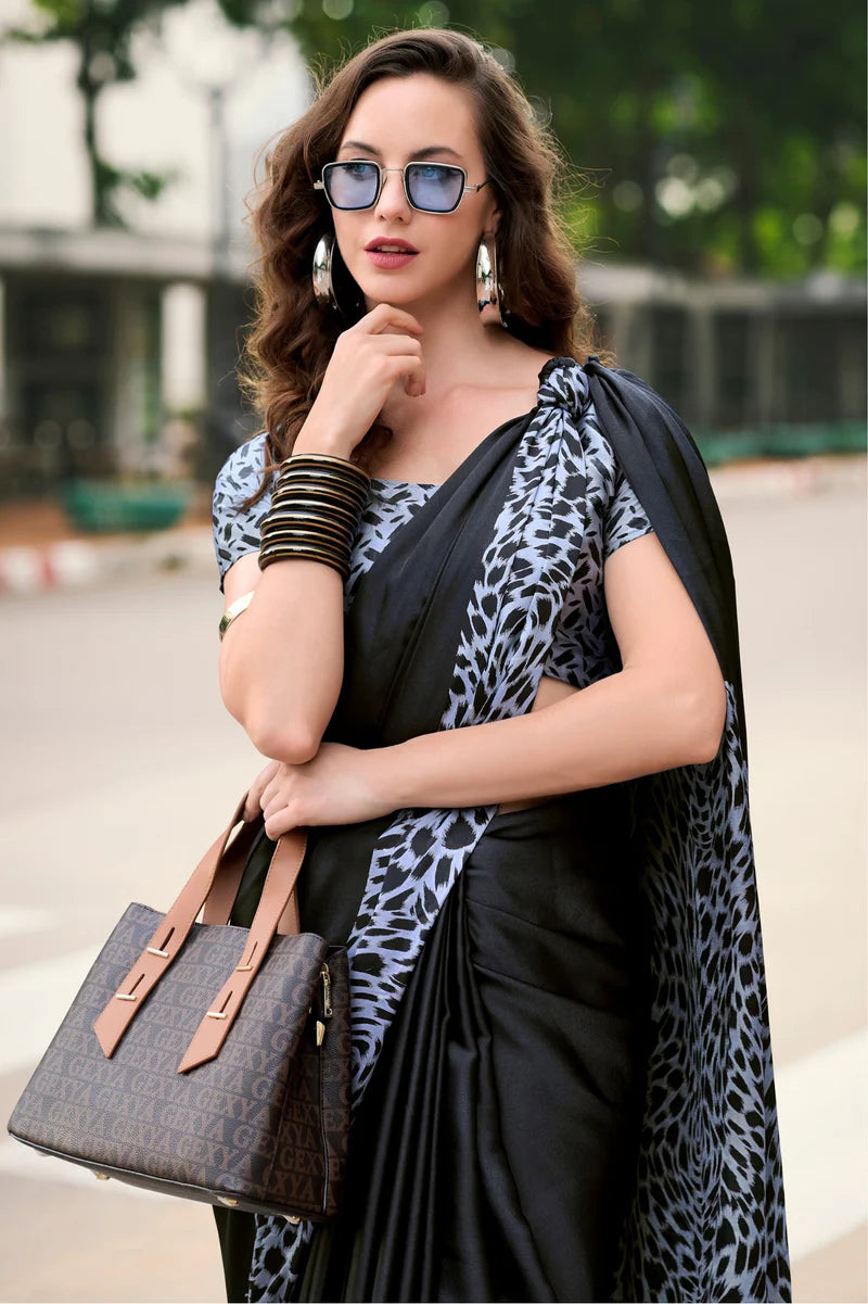 Black Fancy Printed Satin Modal Silk Sarees R2