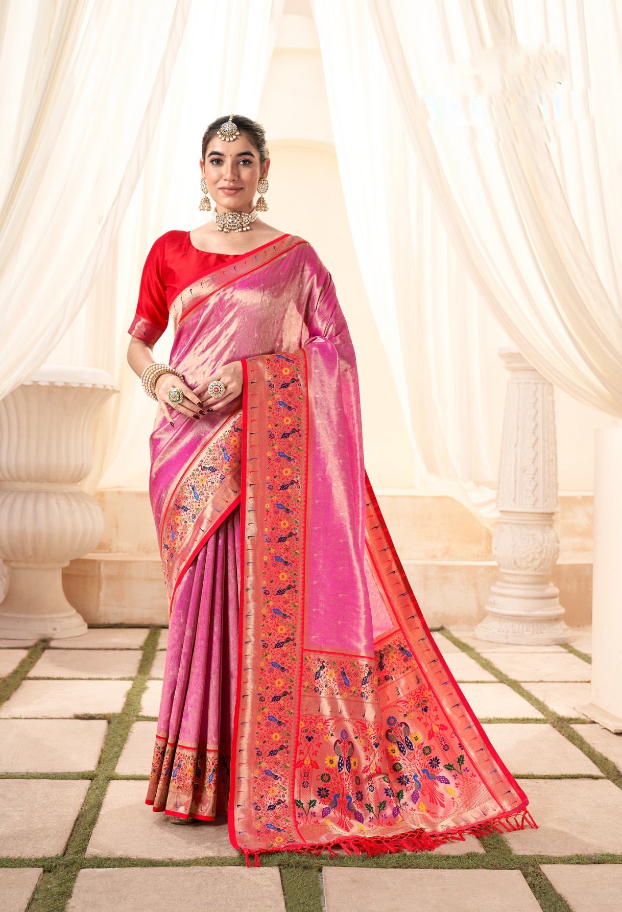 Rose Pink Weaving Paithani Tissue Silk Saree RP6