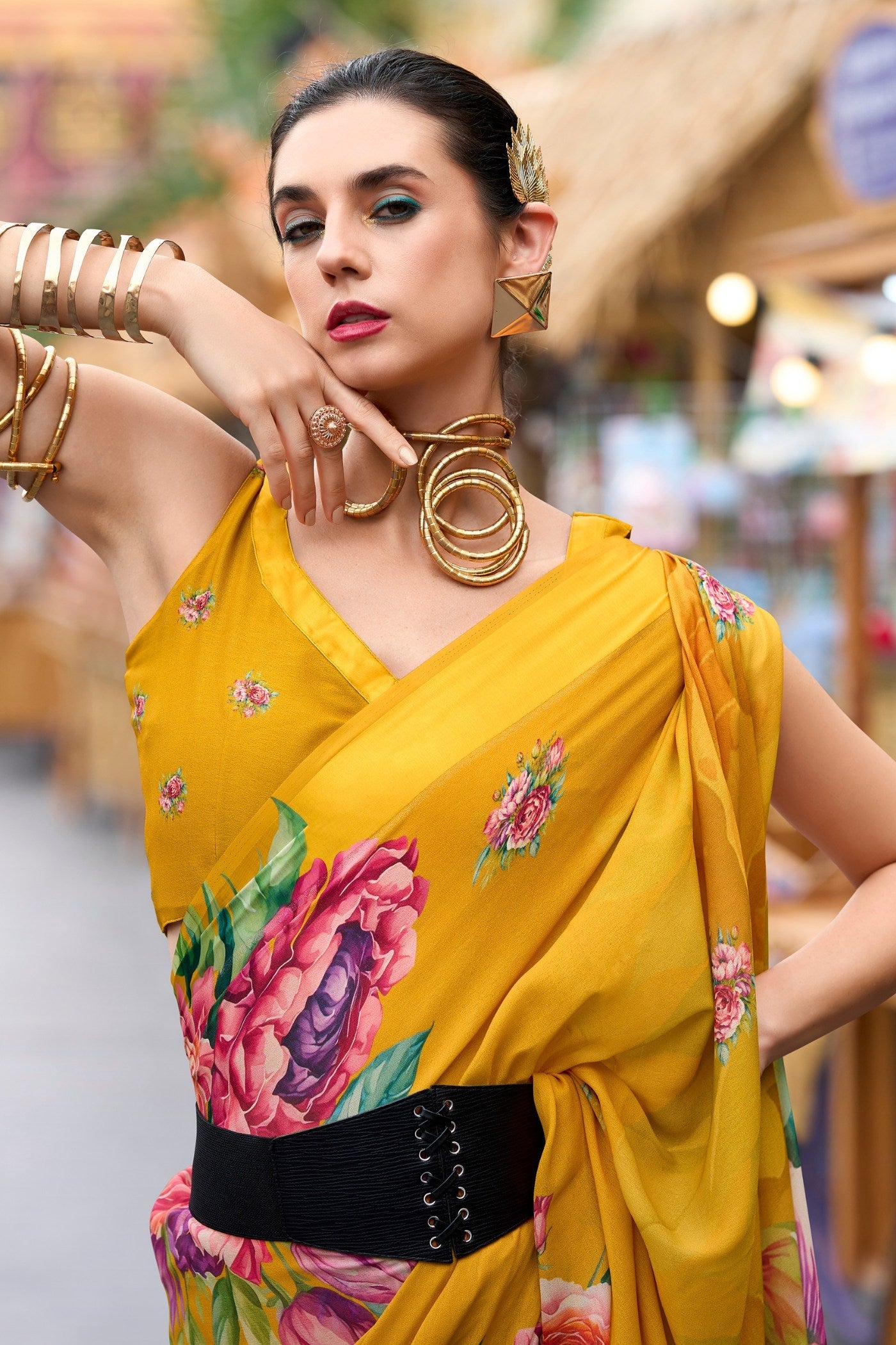Poppy Yellow Pure Georgette Floral Printed Trending Saree