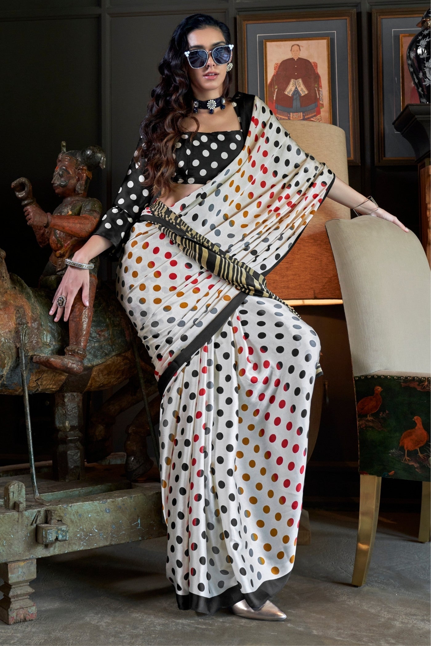 Frost White and Midnight Black Ajrakh Patola Printed Satin Crepe Saree