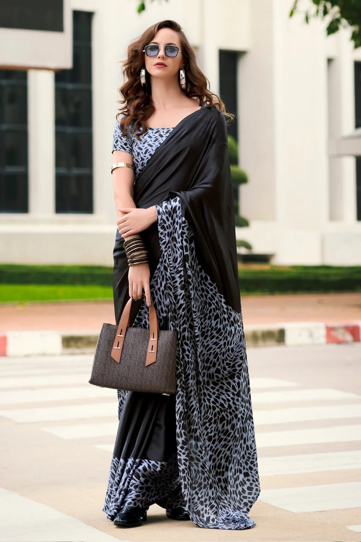 Black Fancy Printed Satin Modal Silk Sarees R2