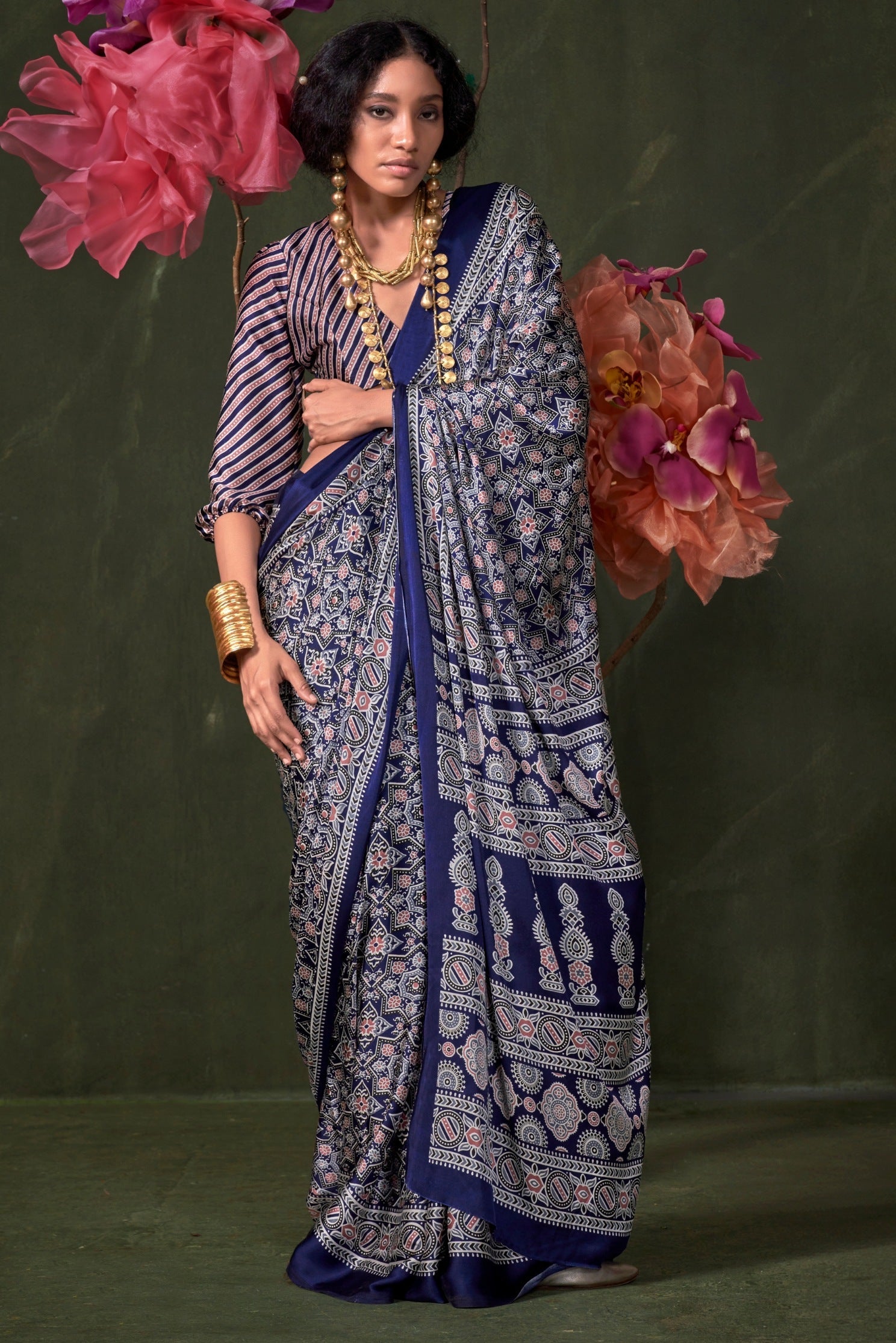 Dodger Blue Ajrakh Printed Satin Crepe Soft Silk Saree