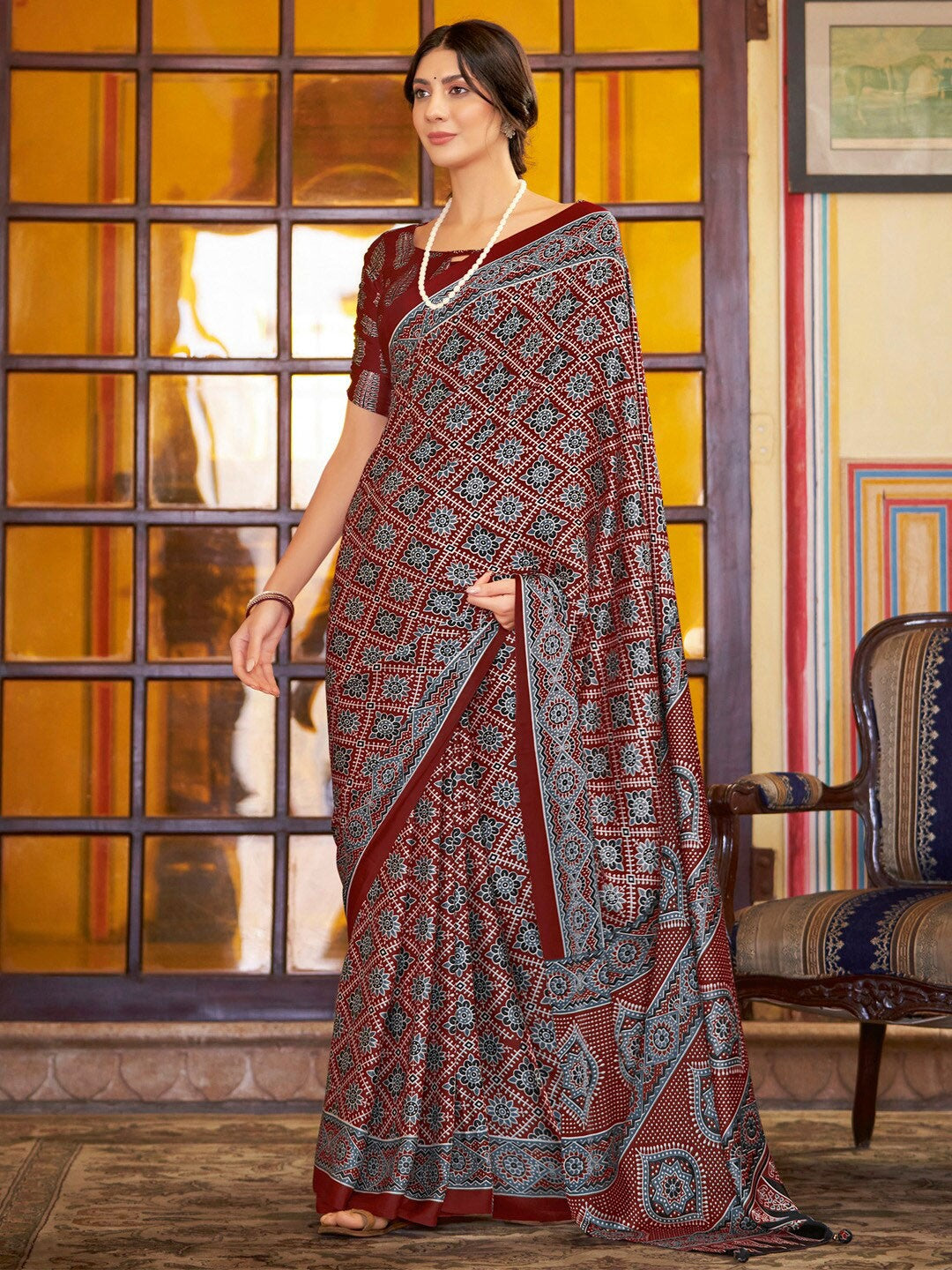 Maroon New Ajrakh Printed Satin Crepe Saree