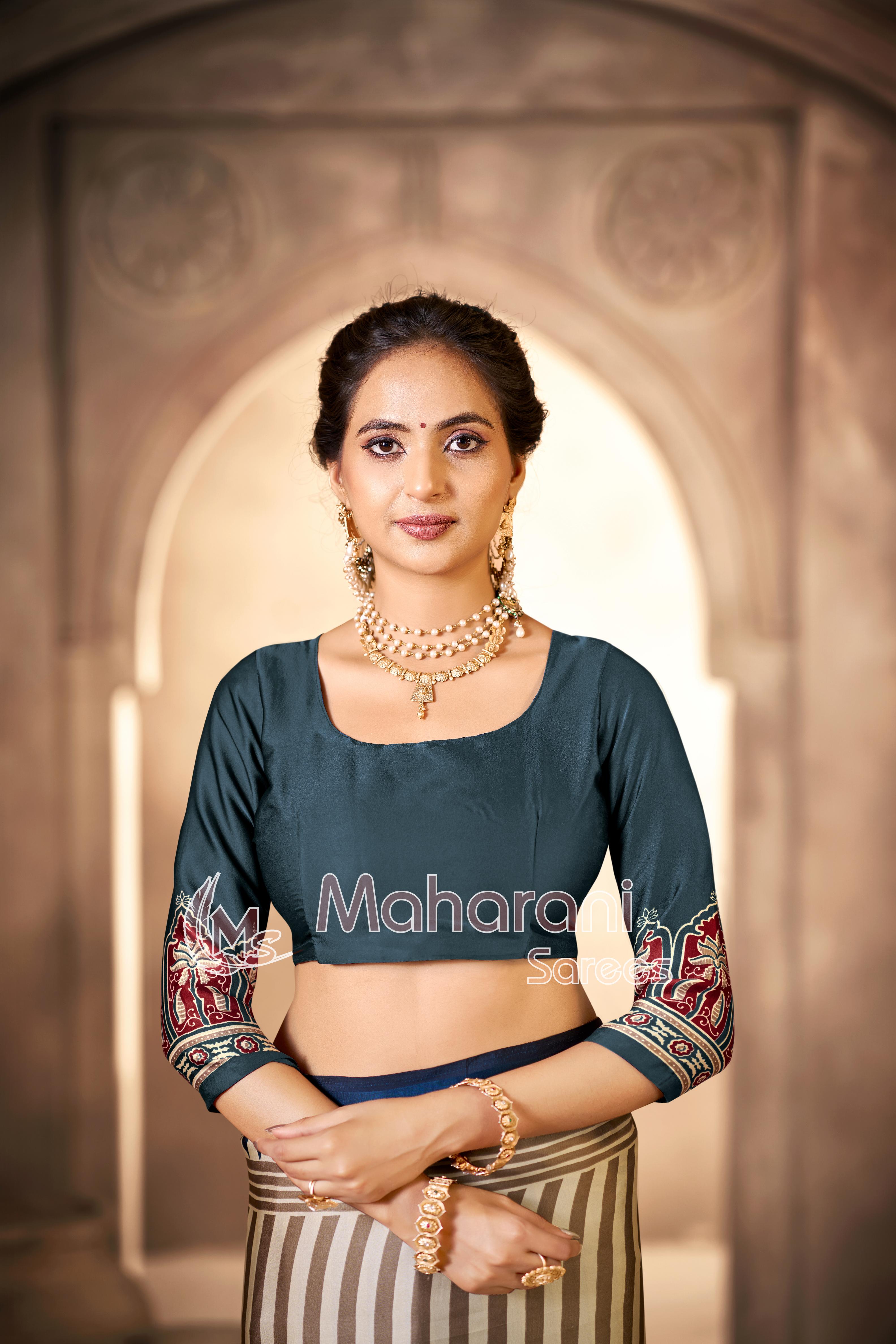 Cream With Grey Border Ajrakh Hand-Printed Modal Silk Saree