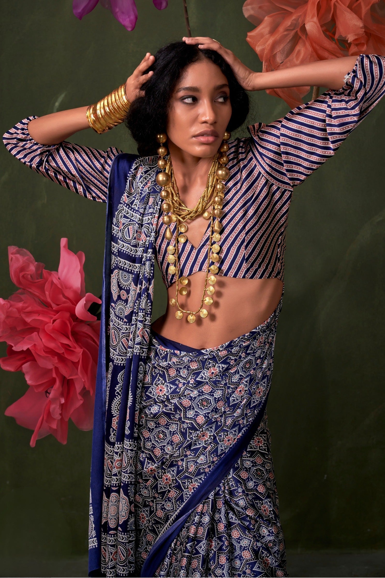 Dodger Blue Ajrakh Printed Satin Crepe Soft Silk Saree