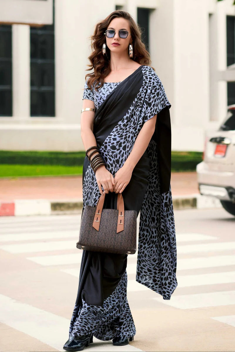 Black Fancy Printed Satin Modal Silk Sarees R2