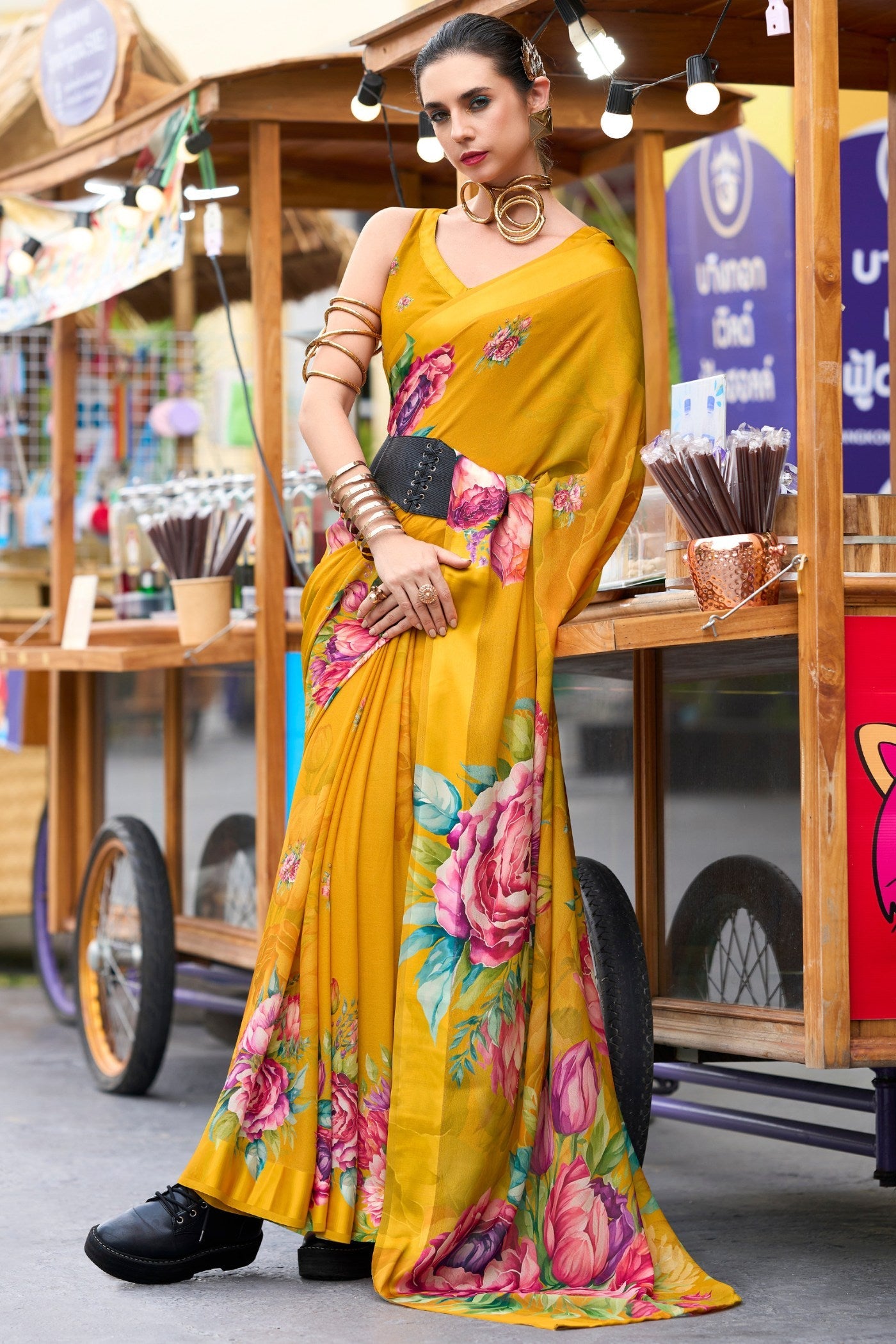 Poppy Yellow Pure Georgette Floral Printed Trending Saree