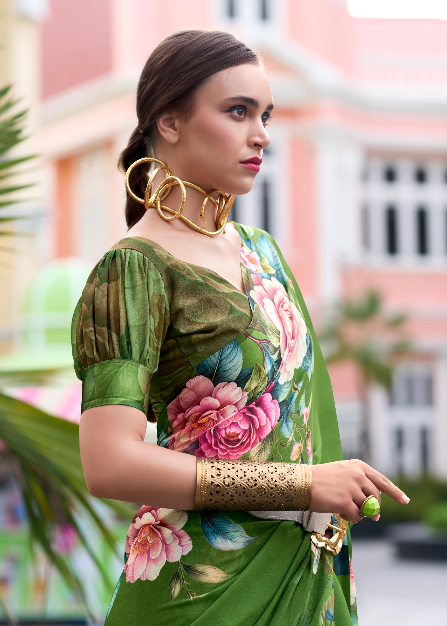 Fern Green Pure Georgette Floral Printed Trending Saree