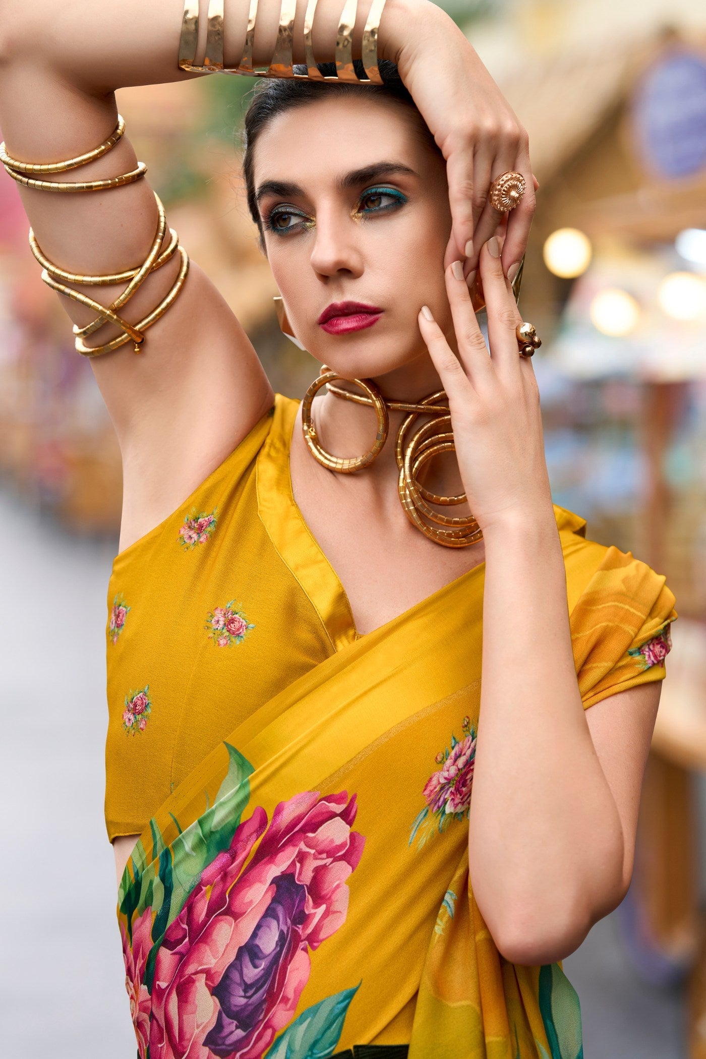 Poppy Yellow Pure Georgette Floral Printed Trending Saree