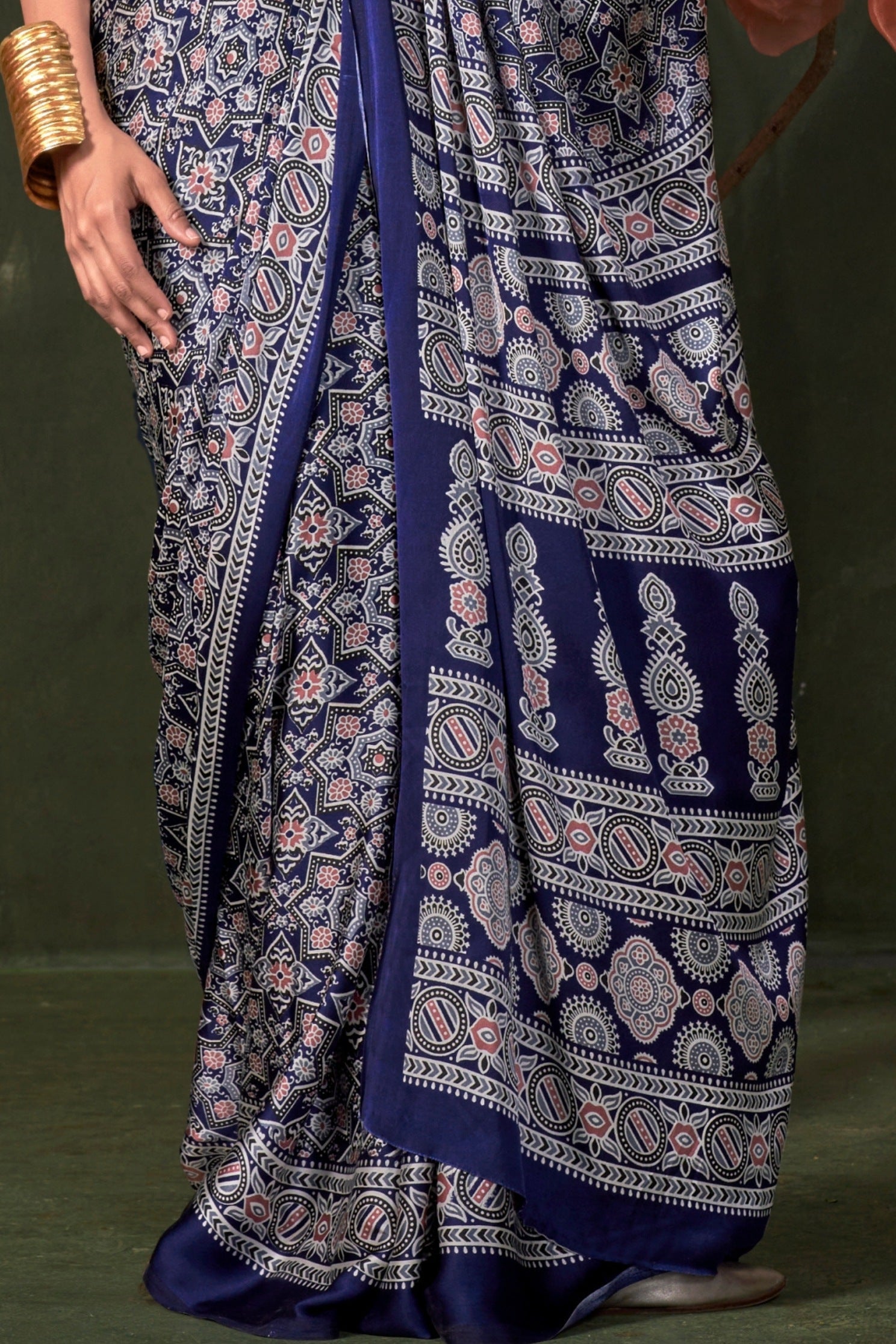 Dodger Blue Ajrakh Printed Satin Crepe Soft Silk Saree