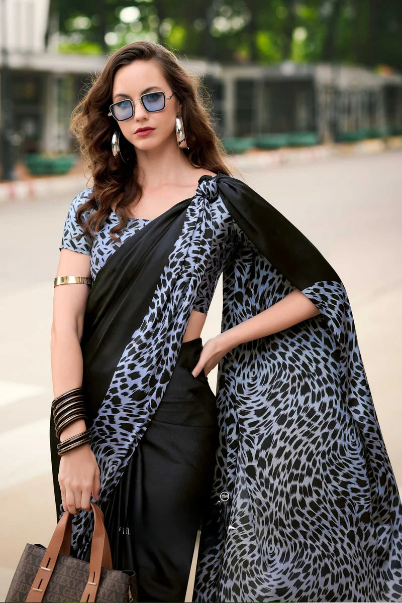 Black Fancy Printed Satin Modal Silk Sarees R2