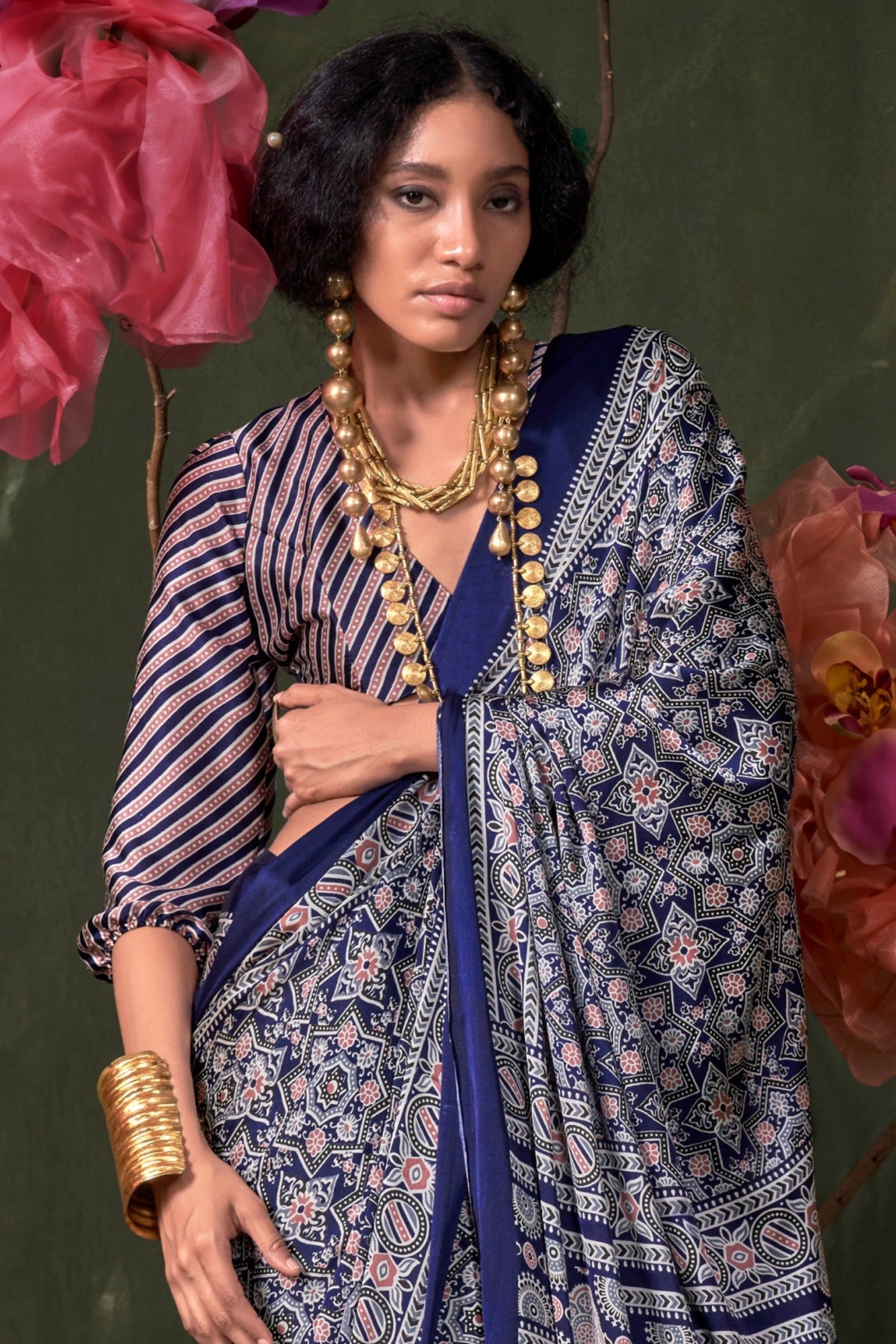 Dodger Blue Ajrakh Printed Satin Crepe Soft Silk Saree