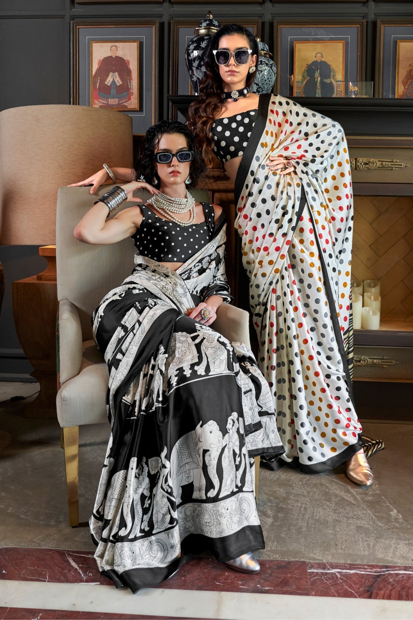 Frost White and Midnight Black Ajrakh Patola Printed Satin Crepe Saree