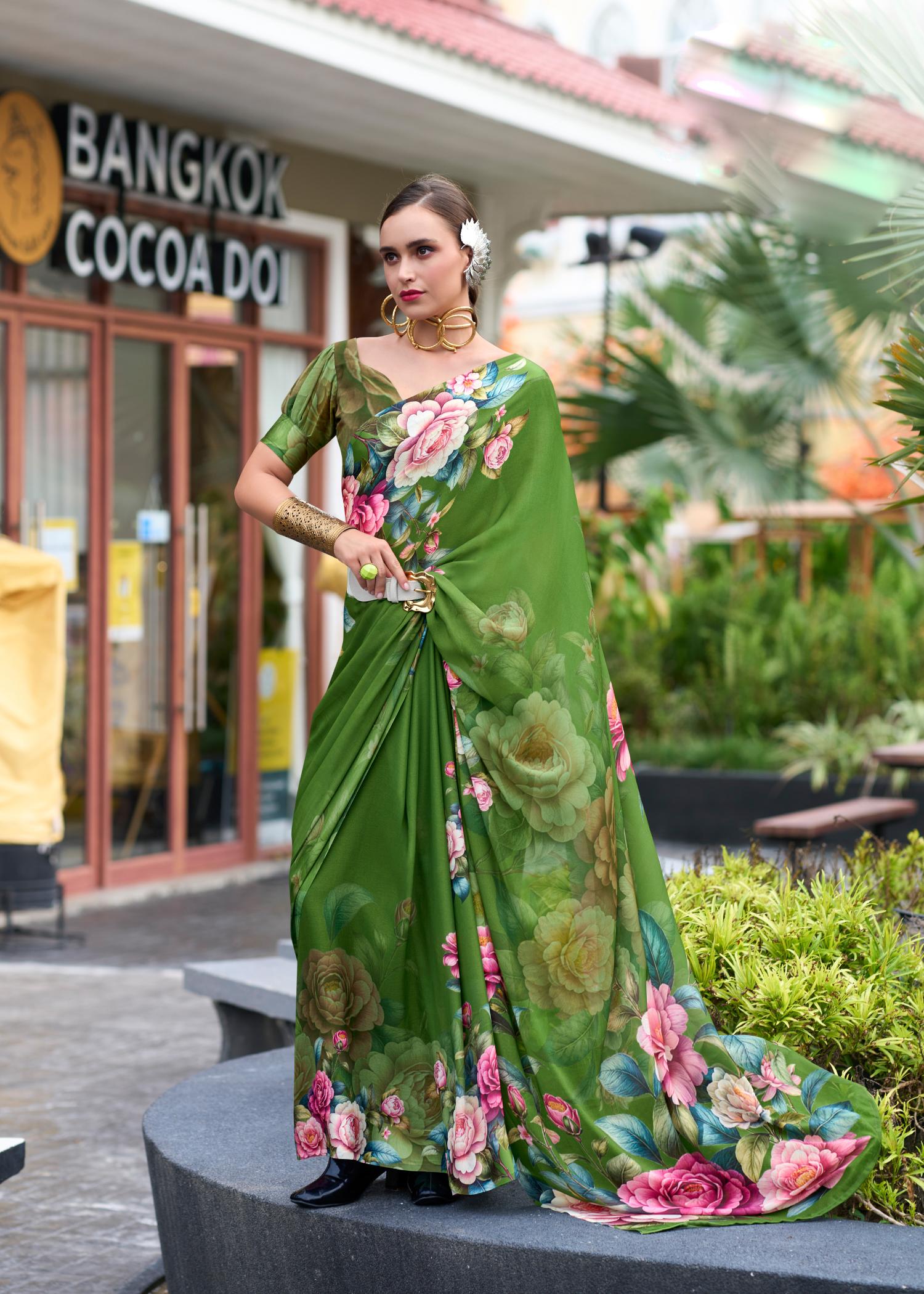 Fern Green Pure Georgette Floral Printed Trending Saree