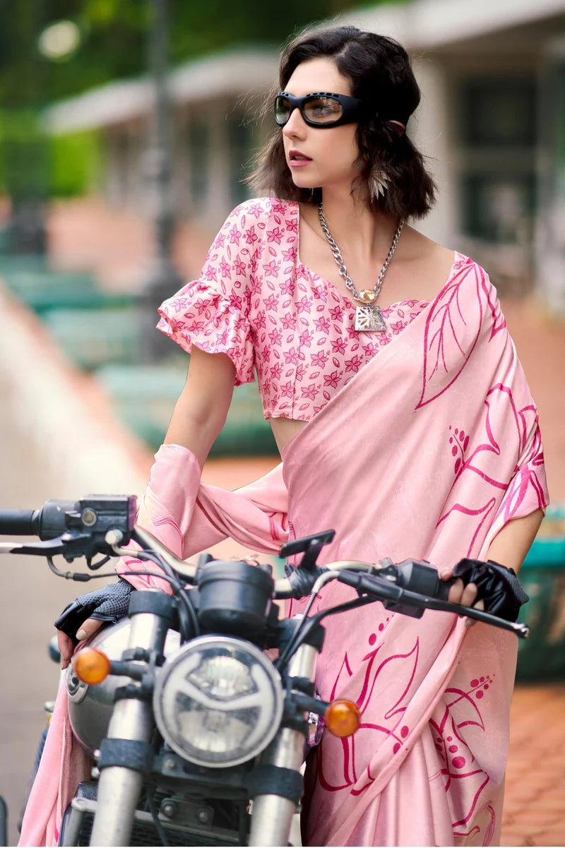 Luxurious Pink Printed Satin Modal Silk Sarees R2