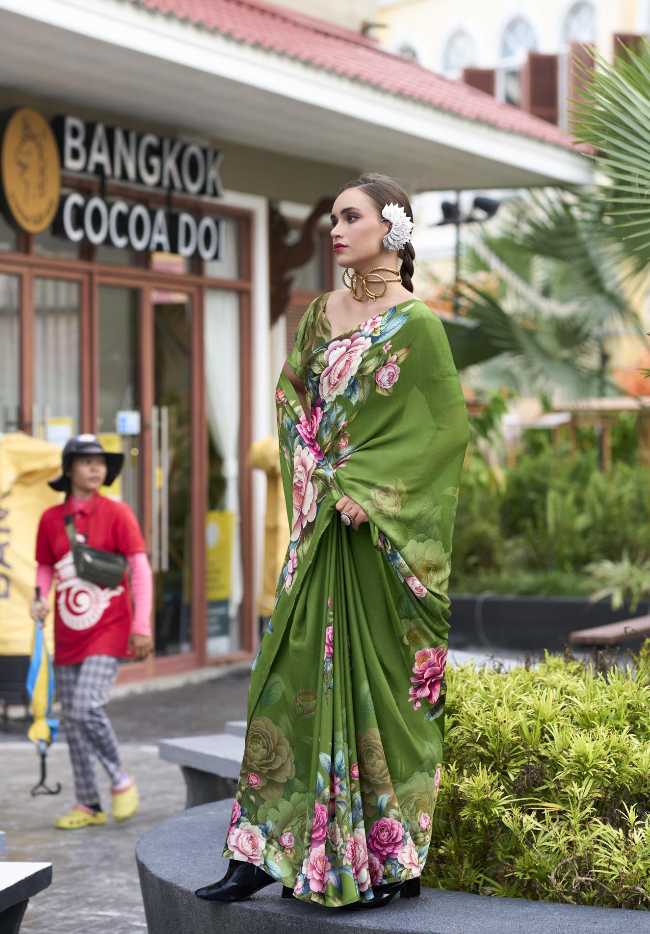 Fern Green Pure Georgette Floral Printed Trending Saree