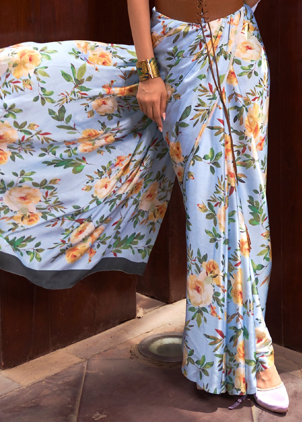 Periwinkle Digital Printed Satin Silk Saree