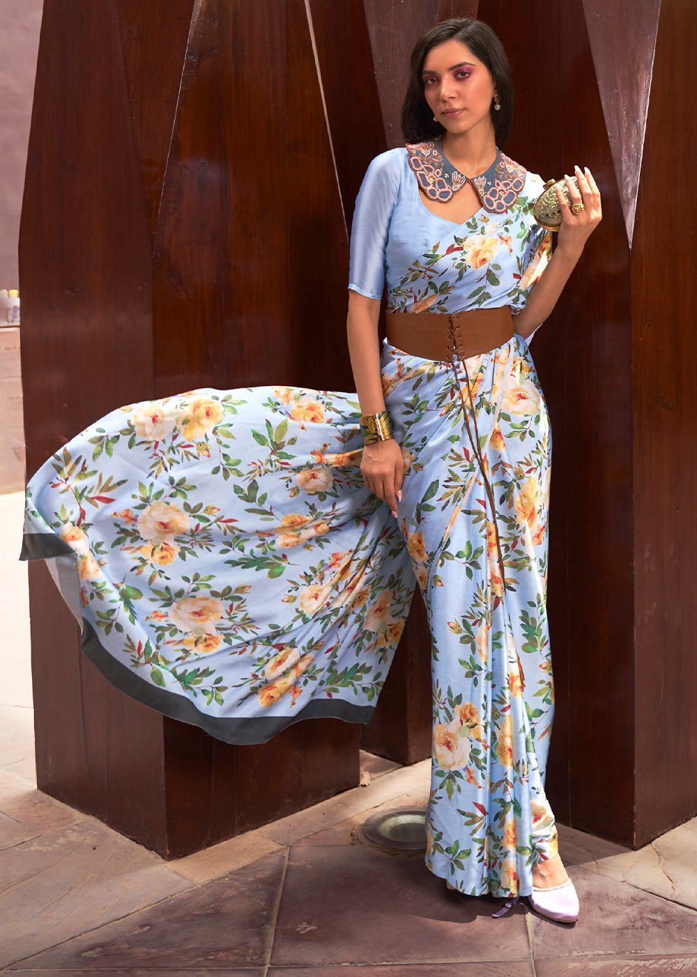 Periwinkle Digital Printed Satin Silk Saree