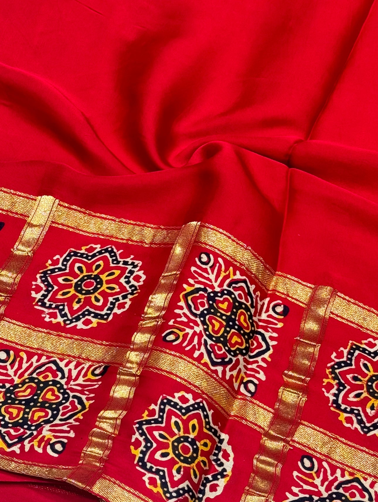 Red Ajrakh Gharchola Border Hand Block Pure Modal Silk Saree With Fancy Ajrakh And Zari Pallu