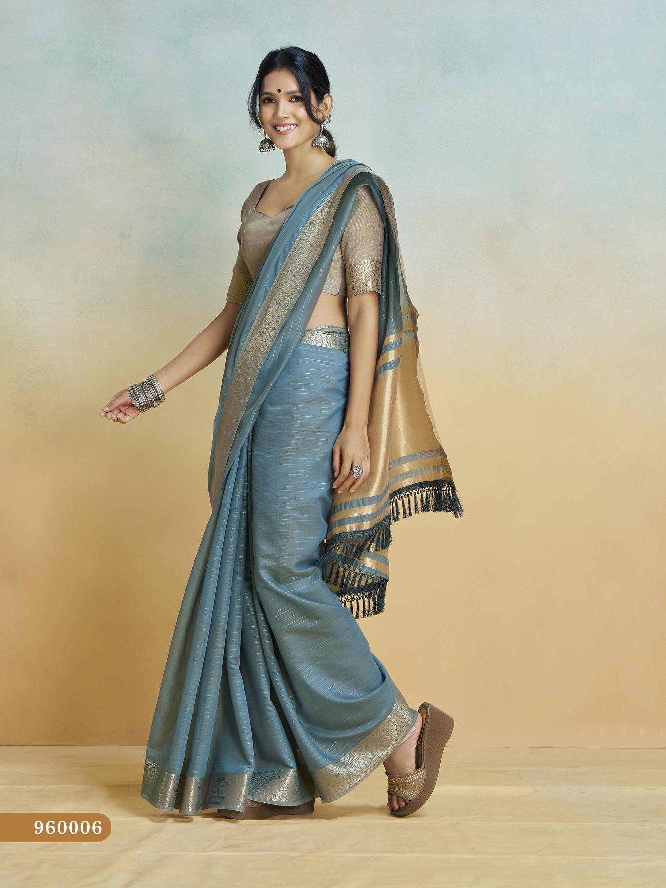 Denim Blue Handloom Woven Linen Sot Silk Saree