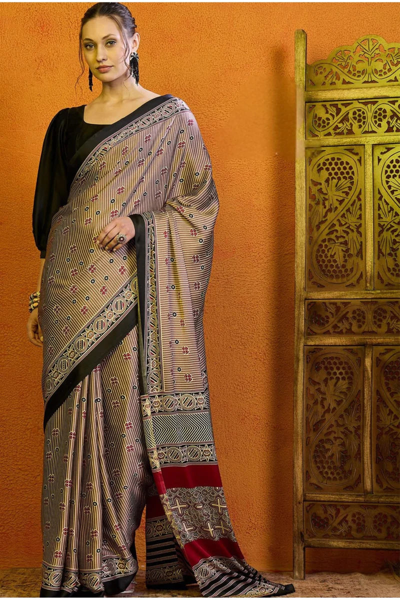 Clay Black Printed Ajrakh Satin Crepe Saree A2