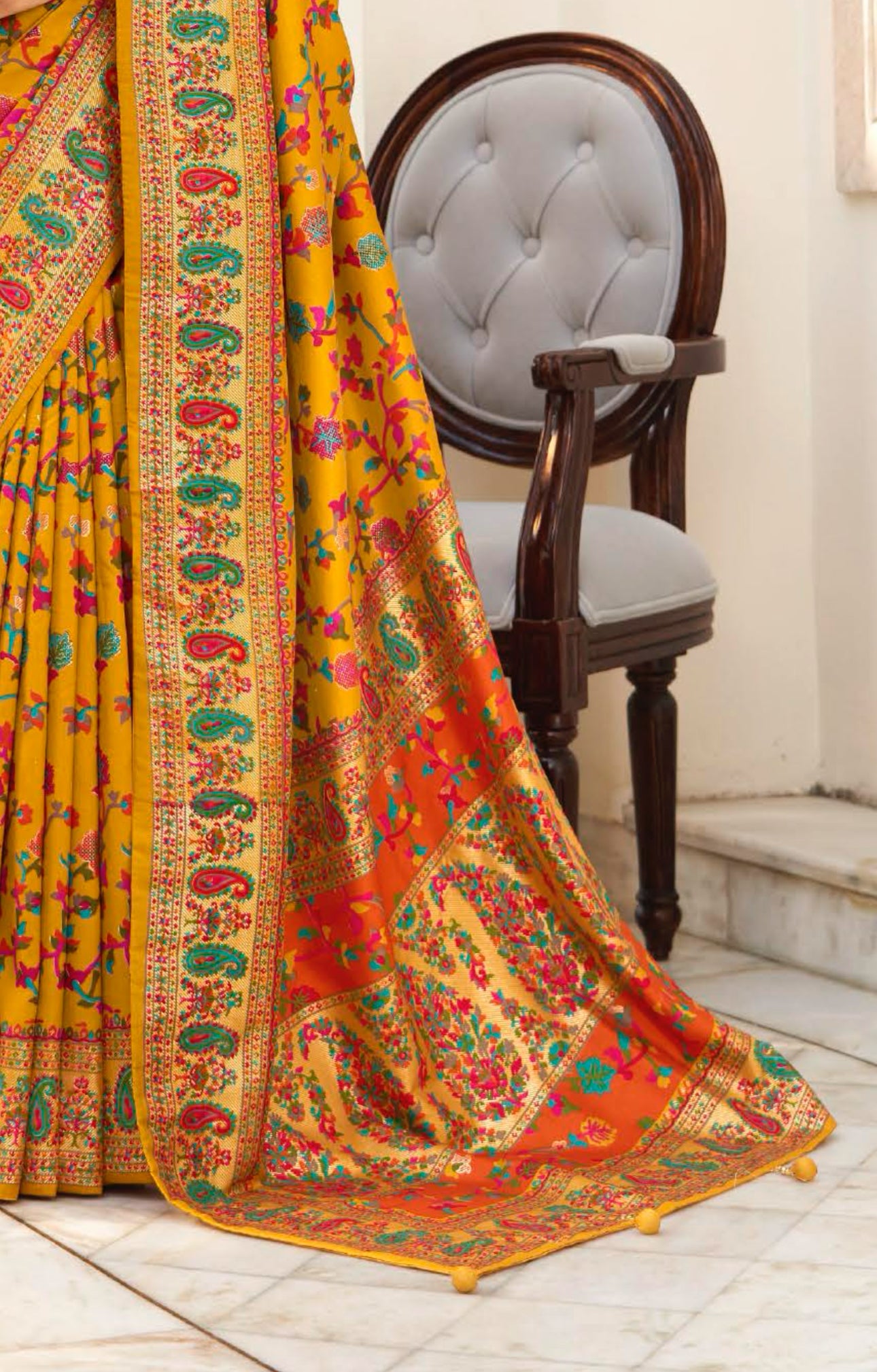 Mustard Pashmina Printed Jamewar Silk Saree