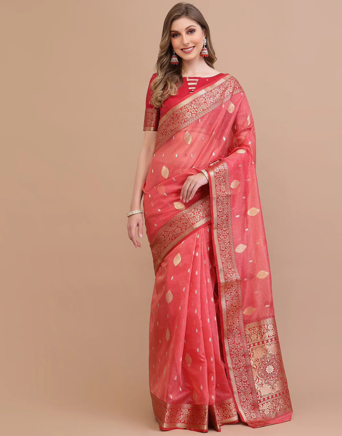 Coral Peach Traditional Banarasi Silk Saree