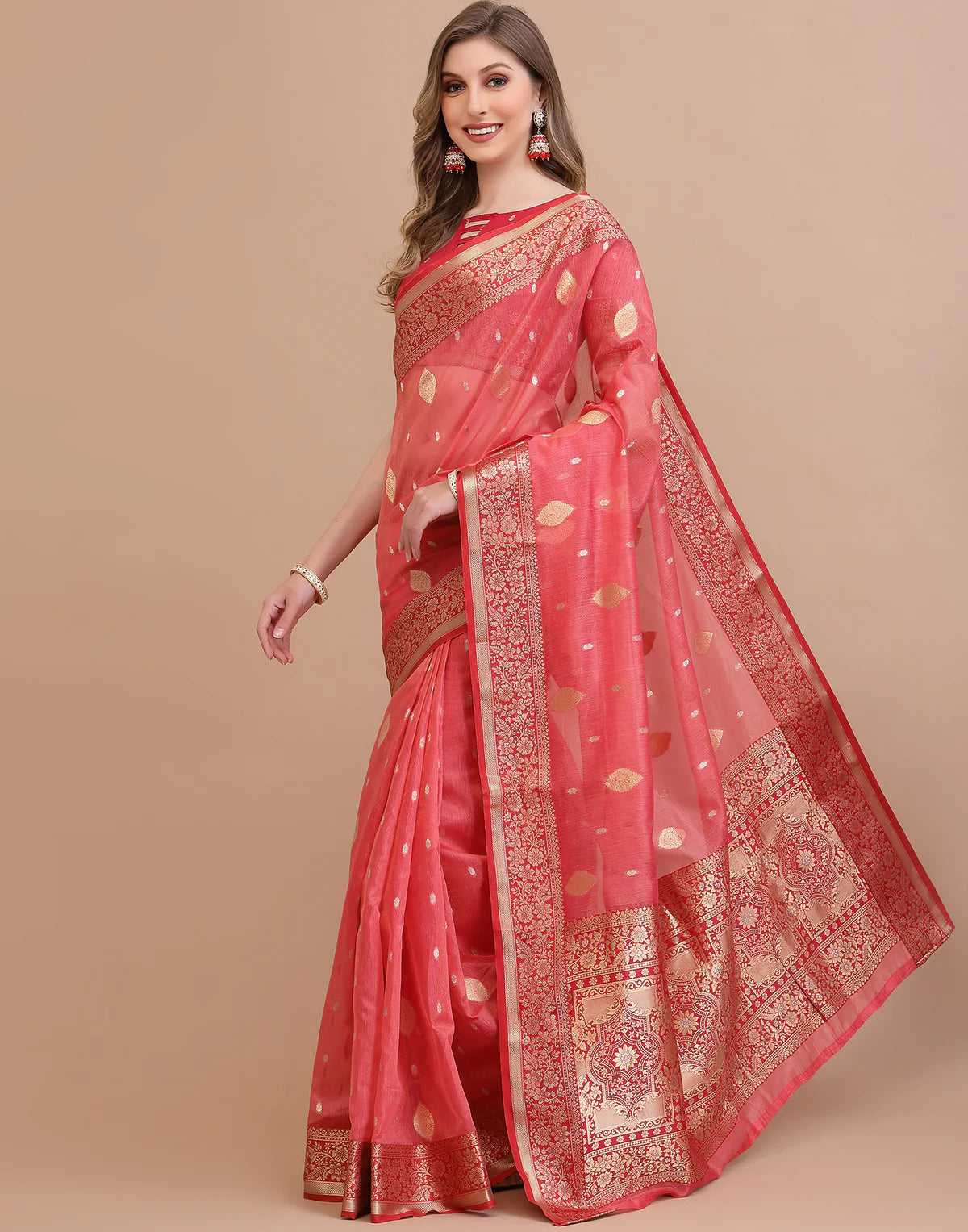 Coral Peach Traditional Banarasi Silk Saree