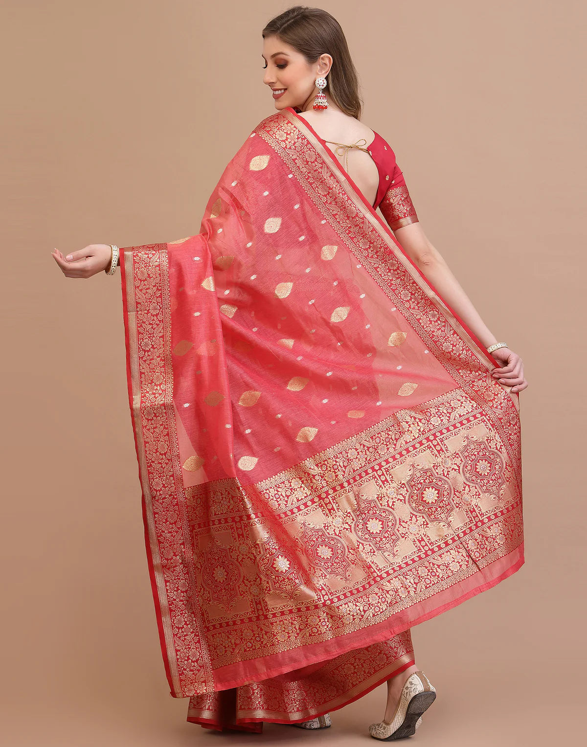 Coral Peach Traditional Banarasi Silk Saree