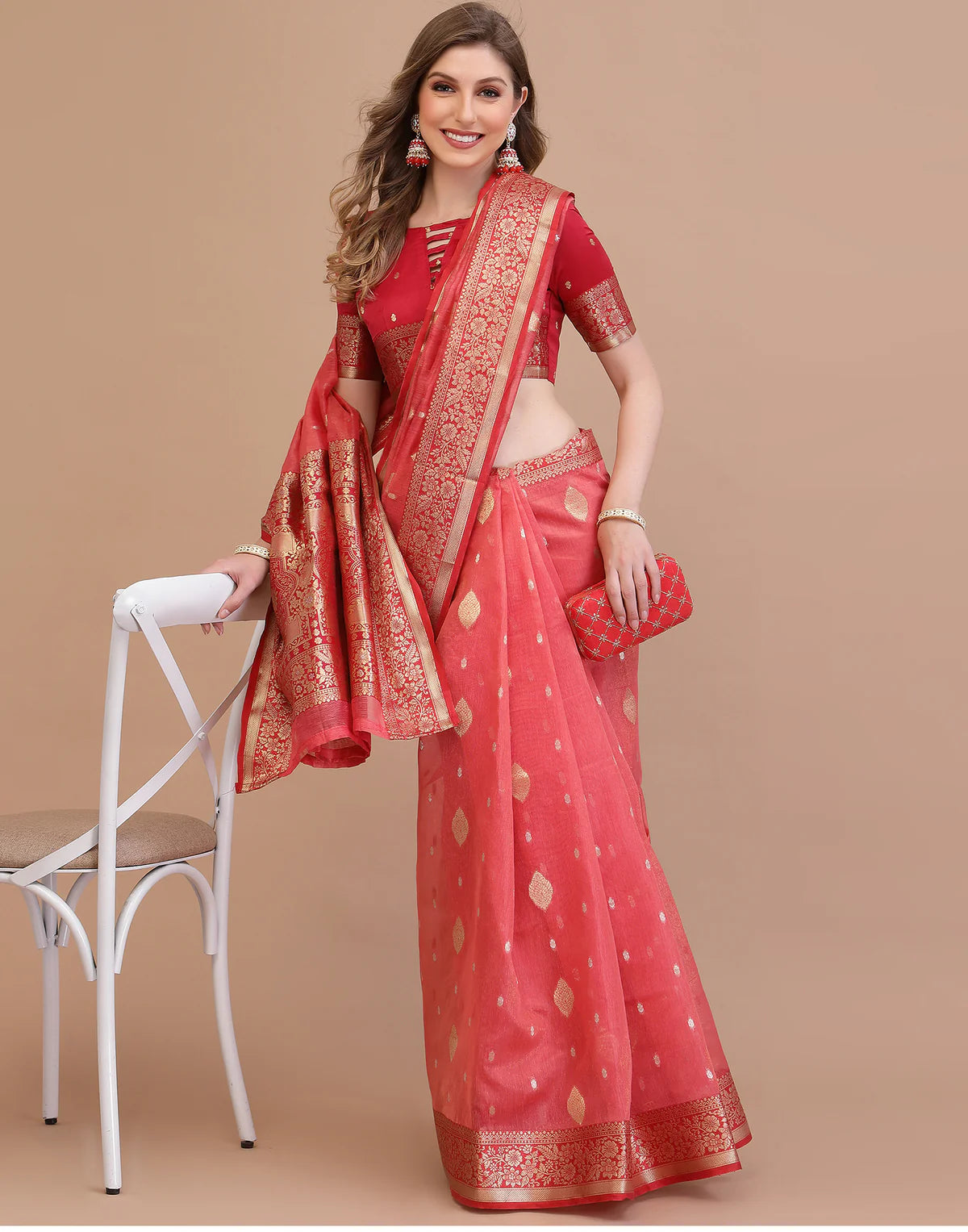 Coral Peach Traditional Banarasi Silk Saree