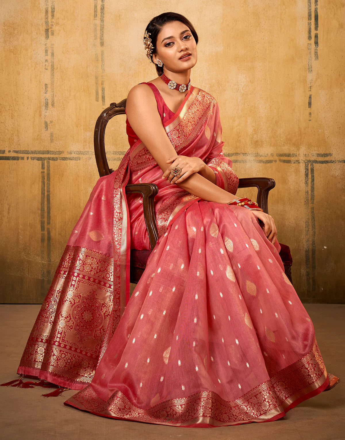 Coral Peach Traditional Banarasi Silk Saree