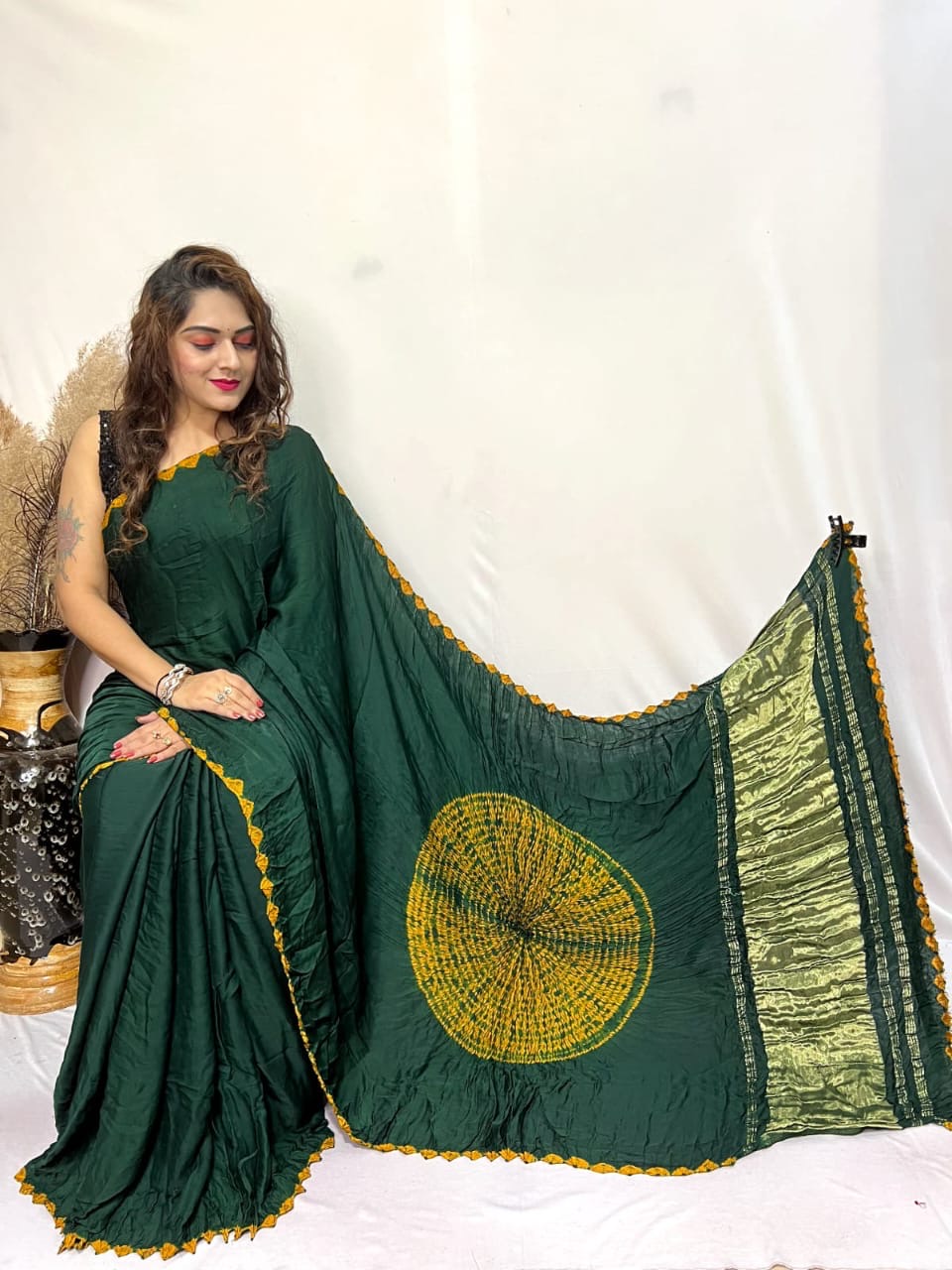 Green Shibori Bandhni Border Pure Modal Silk Plain Saree