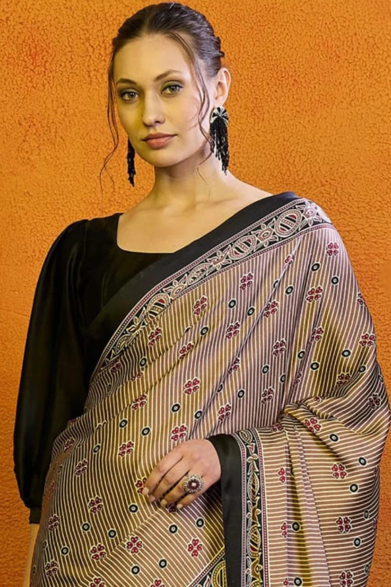 Clay Black Printed Ajrakh Satin Crepe Saree A2