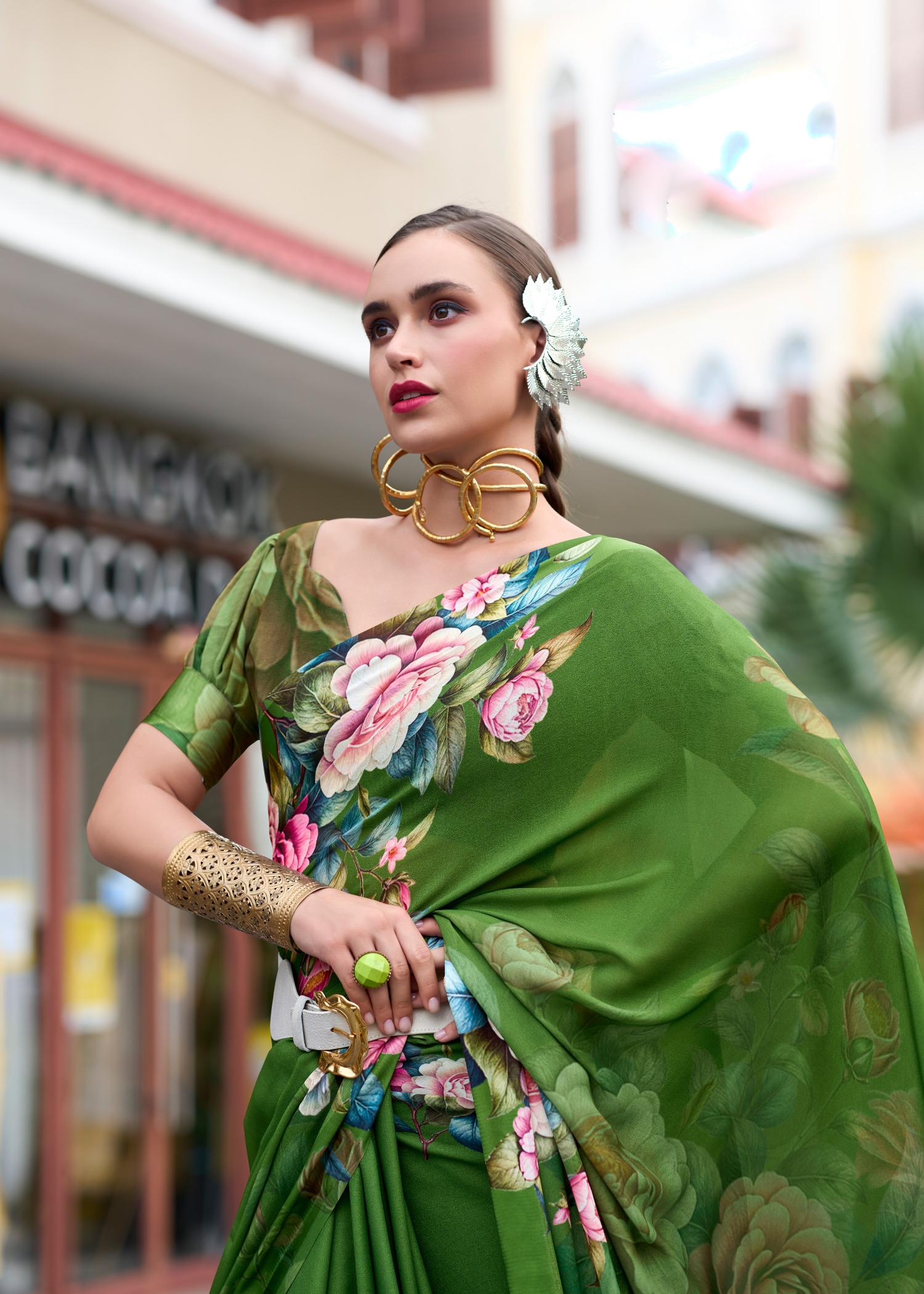 Fern Green Pure Georgette Floral Printed Trending Saree