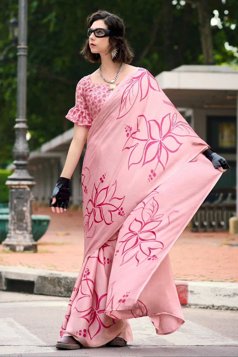 Luxurious Pink Printed Satin Modal Silk Sarees R2