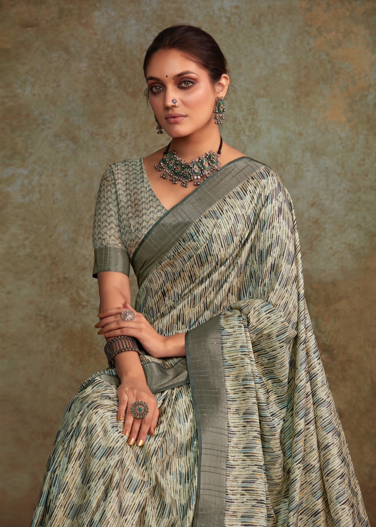 Charcoal Green Banarasi Lining Digital Printed Saree RP7